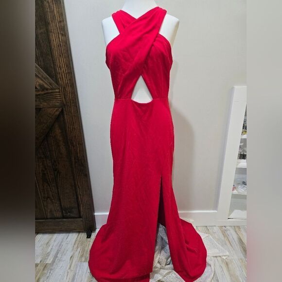 Xscape Cross Front Cutout Scuba Gown NWT size 12 Red - Picture 3 of 5